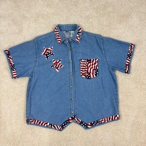 Vintage PTNY XL Denim Shirt American Flag Stars Stripes Americana Short Sleeve
